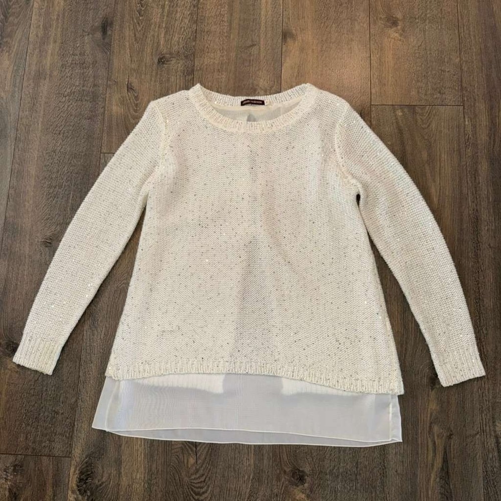 John Fashion Women's Top M Bow Back Knit Sequin Sweater Ivory‎ Chiffon Hem Wool